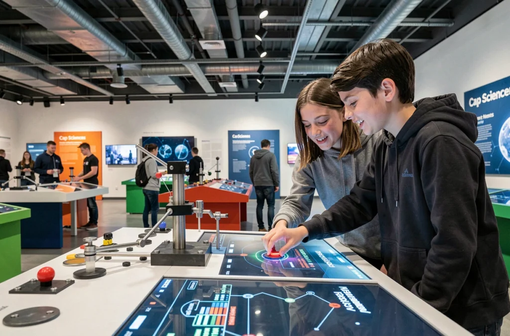 Mère et deux adolescents interagissant avec une exposition scientifique interactive au musée Cap Sciences de Bordeaux