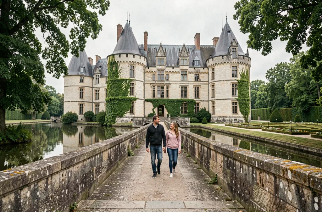 Famille traversant le pont-levis du Château de Vayres entouré de ses douves et jardins Renaissance