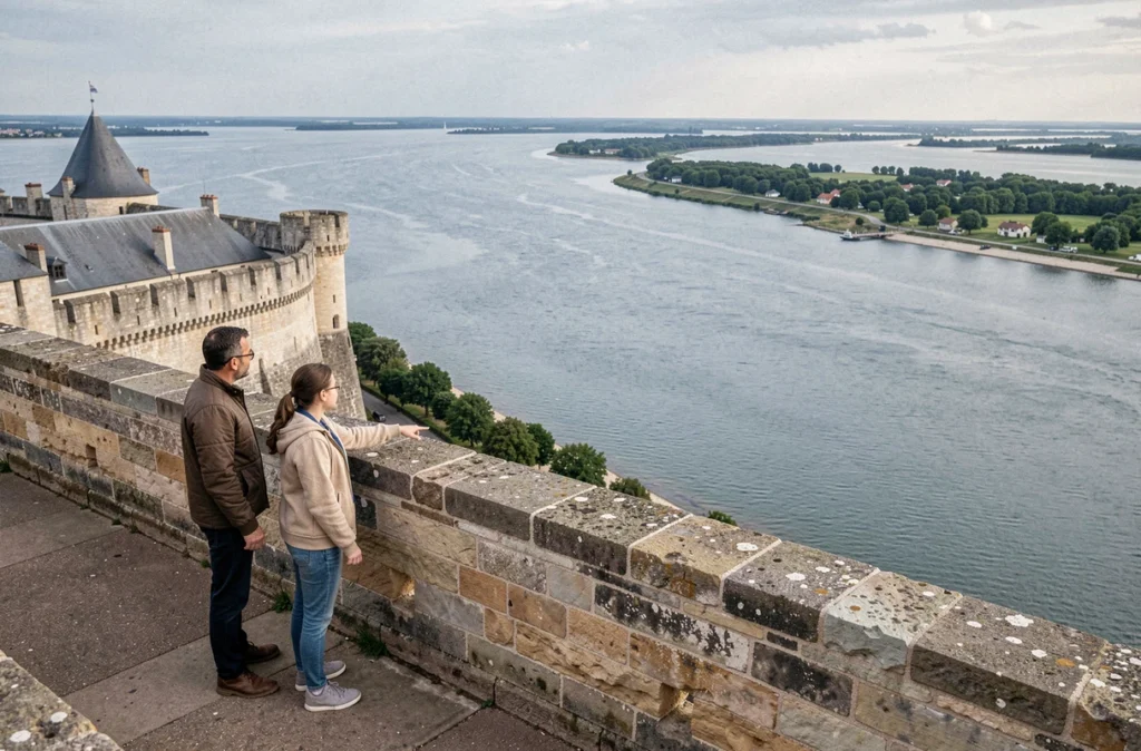 Famille admirant la vue panoramique sur l'estuaire de la Gironde depuis les remparts de la Citadelle de Blaye