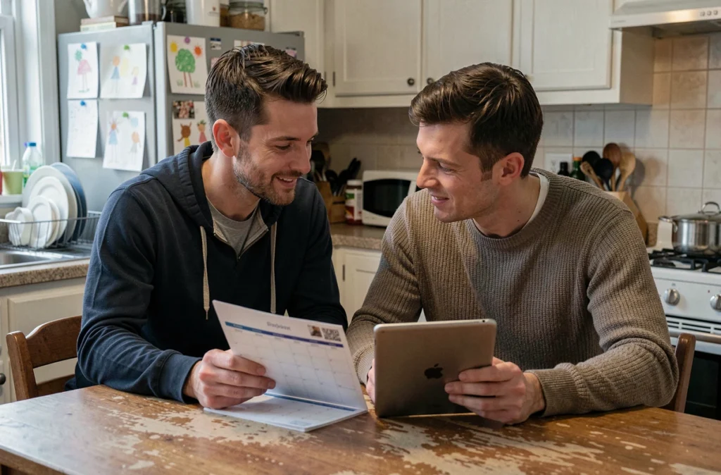 Couple organisant ensemble leur planning familial et professionnel autour de la table de cuisine, illustrant la gestion de l'équilibre vie pro vie perso