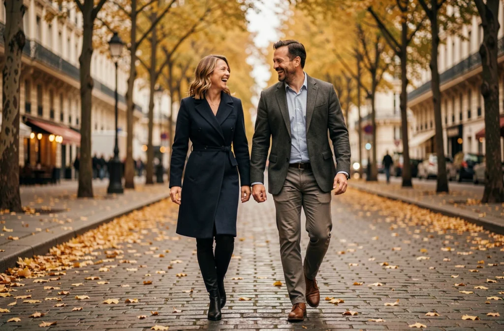 Couple complice se promenant sur un boulevard parisien en automne, ambiance intime et naturelle