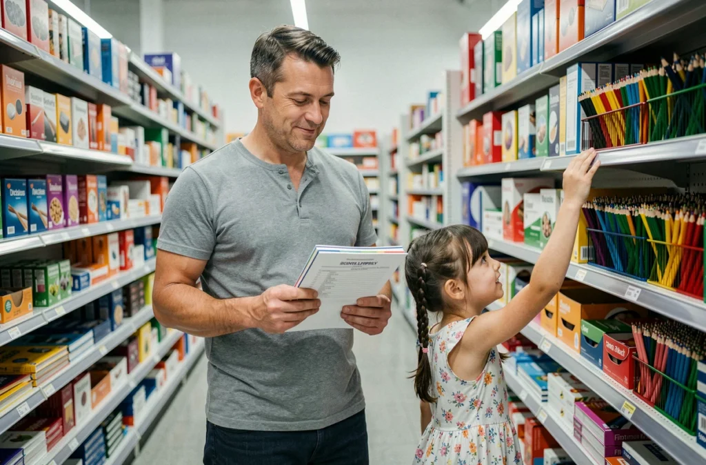 Un père et sa fille font les courses de fournitures scolaires ensemble en supermarché