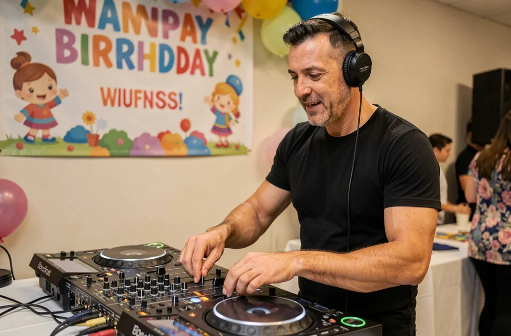 DJ Franck Dyziak mixant derrière sa table de mixage lors d'une soirée anniversaire en intérieur