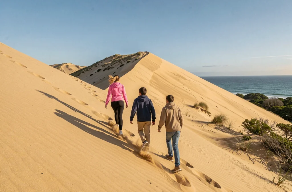 Famille gravissant la pente de sable dorée de la Dune du Pilat à La Teste-de-Buch avec l'océan Atlantique en arrière-plan