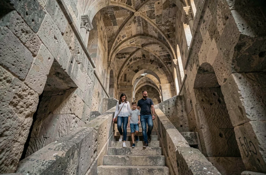 Famille descendant l'escalier de pierre taillé dans le roc pour entrer dans l'église monolithe souterraine de Saint-Émilion