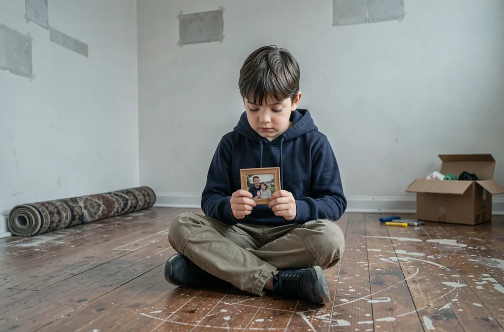 Enfant contemplant une photo de famille dans une chambre vide lors d'un déménagement