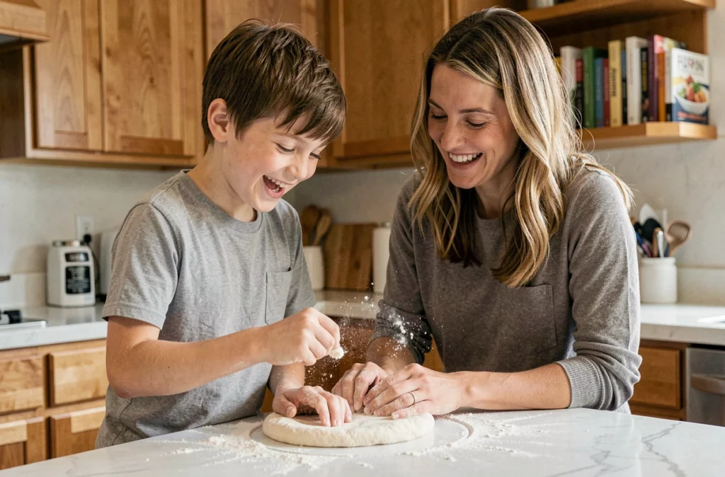 Mère et fils préparant la cuisine ensemble, enfant participant aux tâches du foyer avec enthousiasme