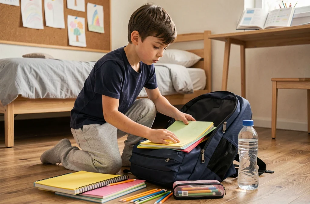 Un garçon prépare son sac à dos scolaire dans sa chambre avant la rentrée
