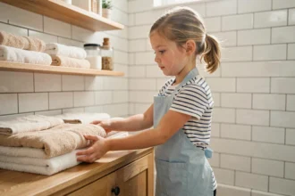 Jeune fille en tablier rangeant des serviettes dans la salle de bain, apprentissage des tâches ménagères en famille