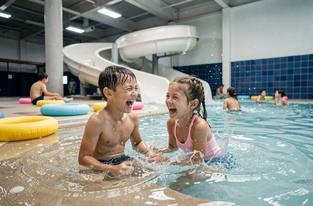 Enfants qui s'amusent dans la piscine à vagues du parc aquatique du Touquet