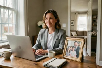 Femme en télétravail regardant une photo de famille sur son bureau à domicile, illustrant l'équilibre entre vie professionnelle et familiale