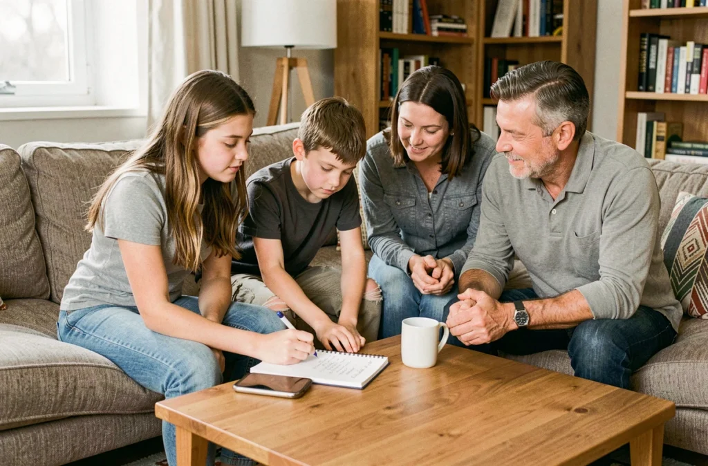 Famille réunie au salon pour prendre des décisions ensemble, adolescents et parents autour d'une liste partagée