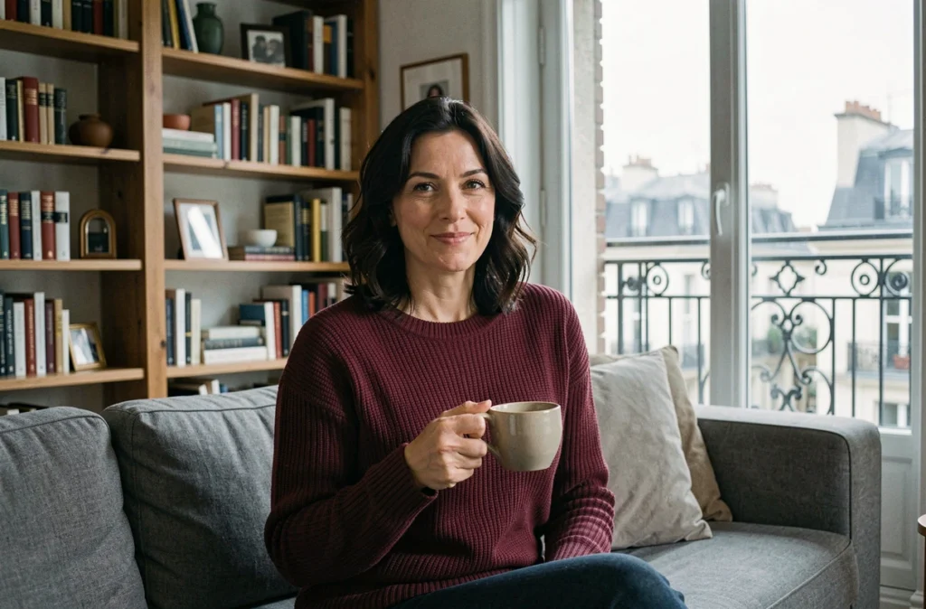 Femme française dans son appartement parisien, pose détendue et cadre intimiste, style reportage éditorial