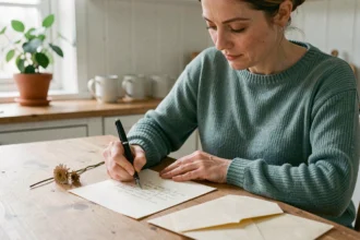 Femme écrivant une lettre manuscrite à sa filleule sur du papier crème, posée à une table en bois dans une cuisine scandinave