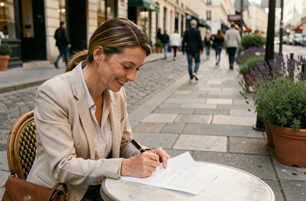 Femme songeuse rédigeant une lettre pour sa filleule attablée en terrasse d'un café parisien