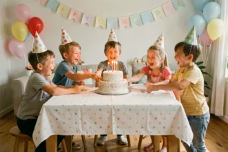 Groupe d'enfants joyeux autour d'un gâteau d'anniversaire décoré lors d'une fête à la maison