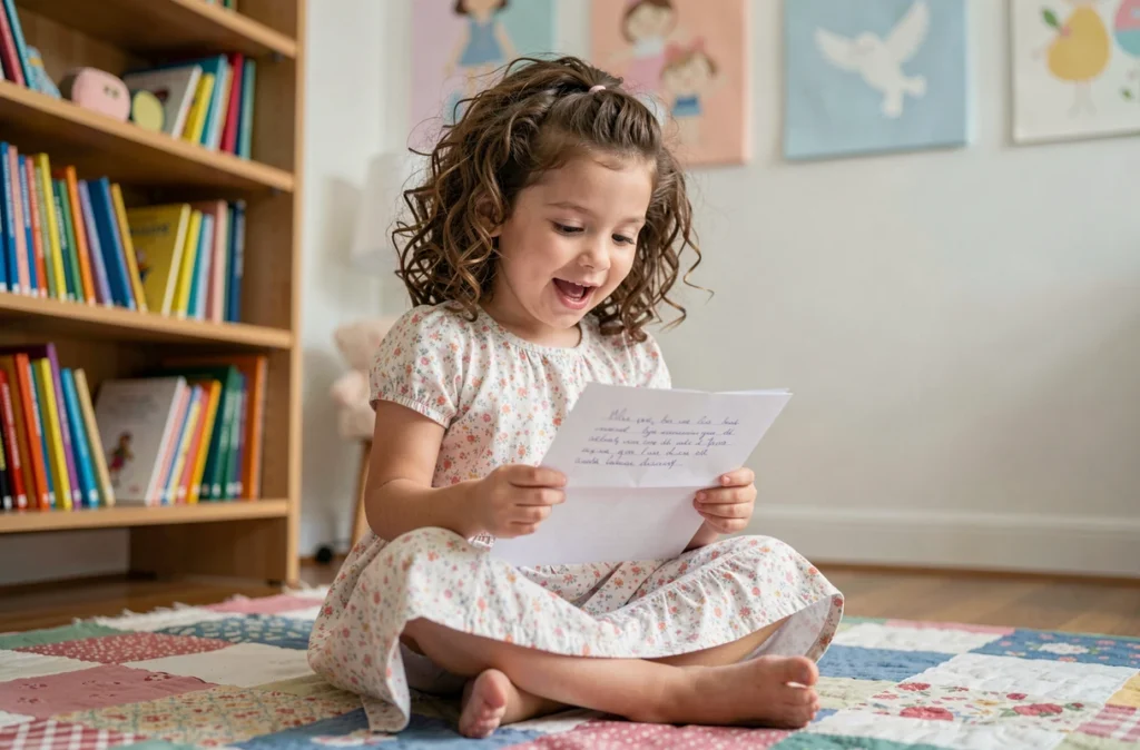 Petite fille lisant une lettre de sa marraine avec un sourire ému, assise sur un tapis dans sa chambre colorée