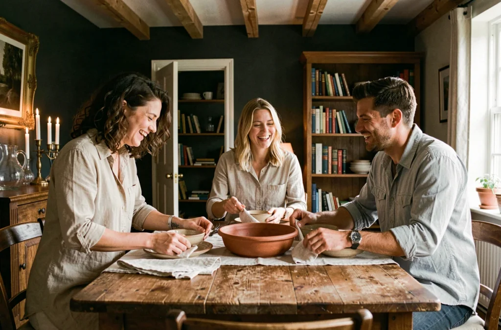 Trois frères et sœurs adultes dressant joyeusement une table à manger ensemble dans une salle à manger chaleureuse et intimiste
