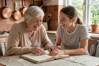 Grand-mère et petite-fille complices en train de cuisiner ensemble dans une cuisine familiale chaleureuse, illustrant le lien intergénérationnel