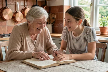 Grand-mère et petite-fille complices en train de cuisiner ensemble dans une cuisine familiale chaleureuse, illustrant le lien intergénérationnel
