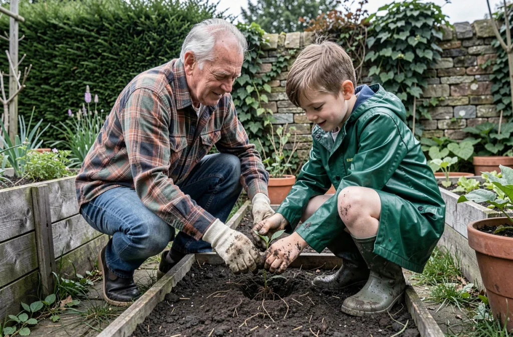 Grand-père et petit-fils jardinent ensemble dehors, le vieil homme transmettant ses connaissances à l'enfant dans un jardin potager familial