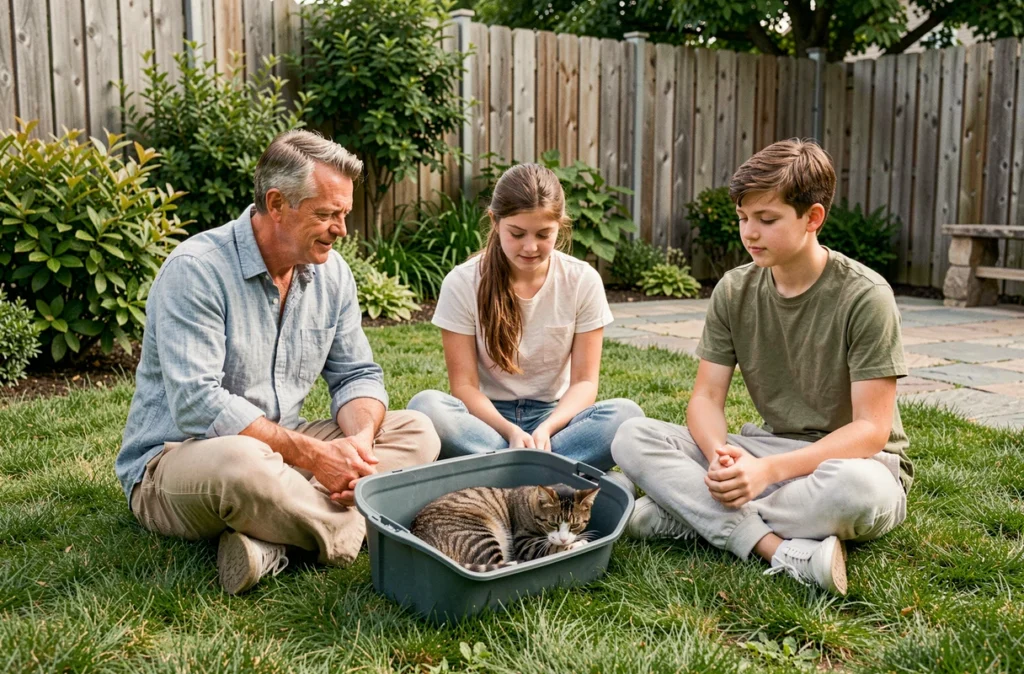 Père et deux adolescents assis dans le jardin observant un chat tigré sortir de sa caisse de transport