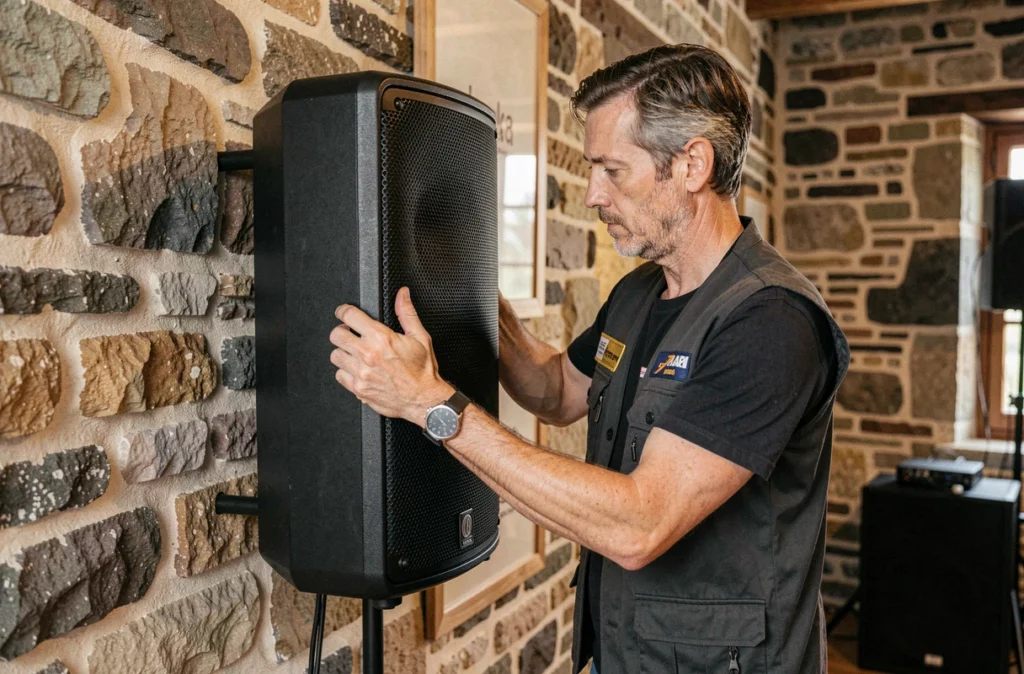 Technicien de Jean Teck Sonorisation installant une enceinte professionnelle dans une salle bretonne en pierre