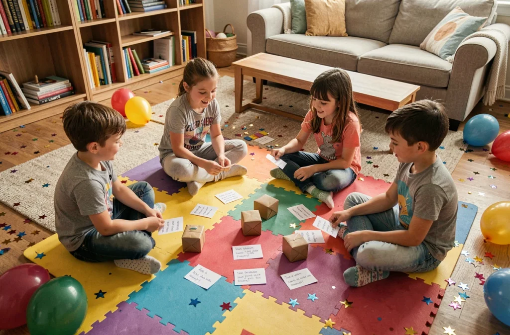 Enfants jouant à un jeu de piste lors d'un anniversaire à la maison assis sur un tapis coloré