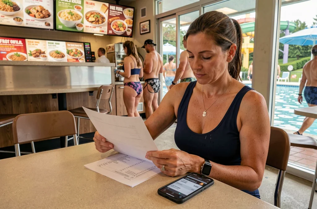 Mère de famille consultant son budget au snack bar du parc aquatique du Touquet