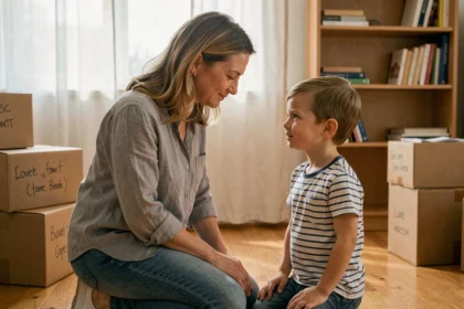 Mère rassurante sa fille lors d'un déménagement familial entourées de cartons