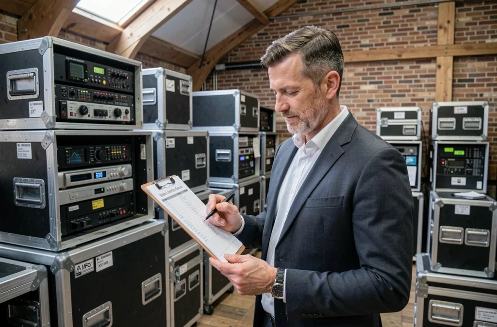 Producteur de NF Production vérifiant une checklist technique en coulisses d'un événement anniversaire en Bretagne