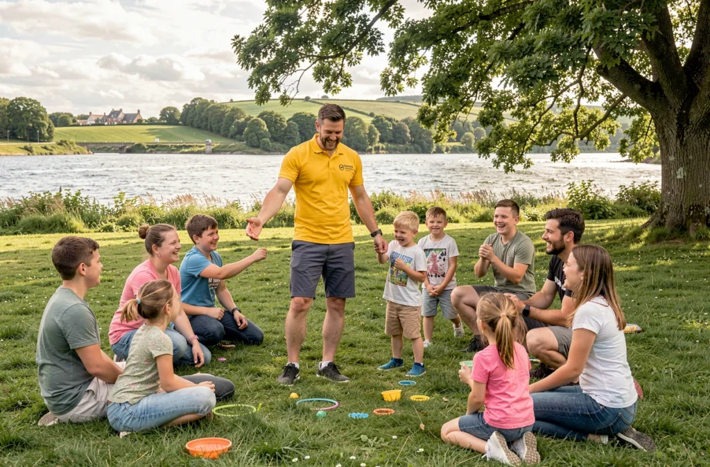 Animateur d'Odet Loisirs encadrant un jeu en plein air en famille au bord de l'Odet dans le Finistère