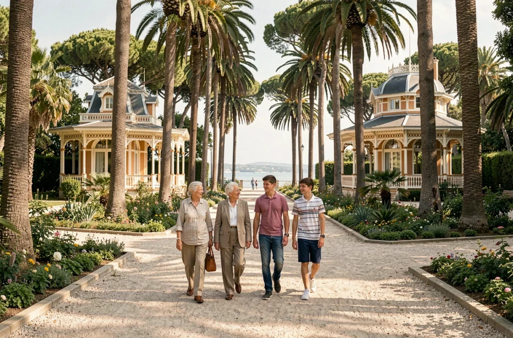 Grands-parents et adolescents se promenant dans le Parc Mauresque d'Arcachon avec ses pavillons Belle Époque et la baie en arrière-plan