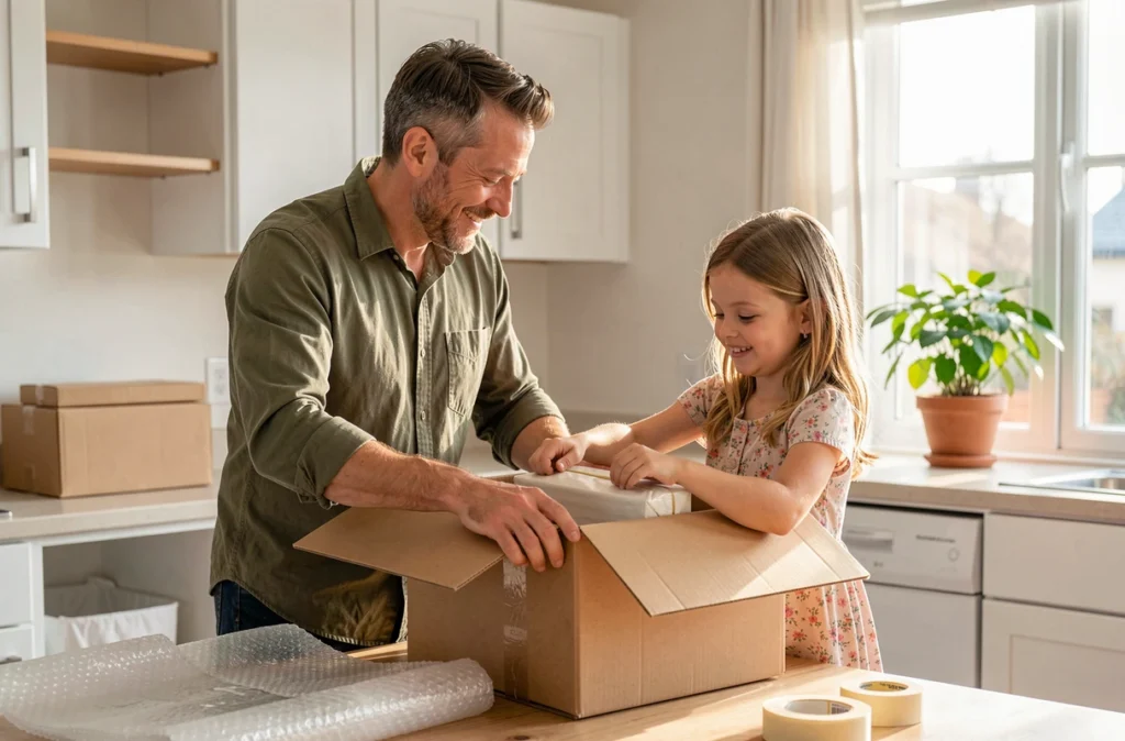 Père et fille emballant ensemble des affaires dans des cartons lors d'un déménagement familial