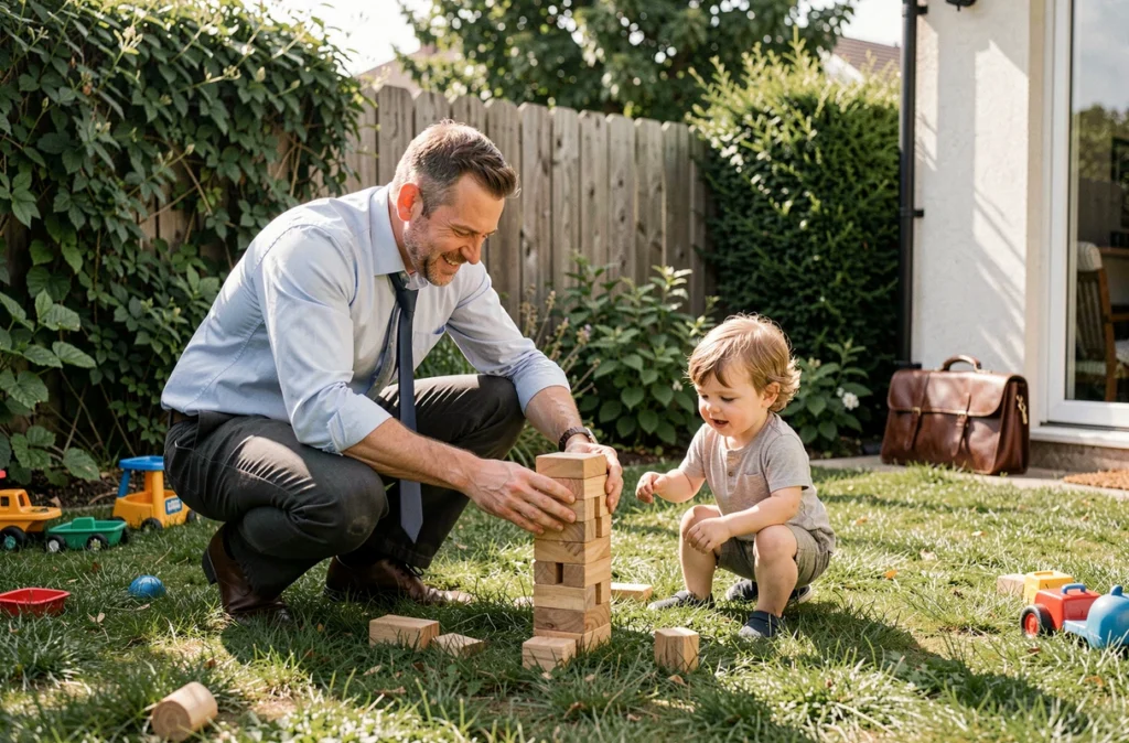Père rentrant du travail et jouant avec ses enfants dans le jardin, symbolisant la conciliation entre obligations professionnelles et vie de famille