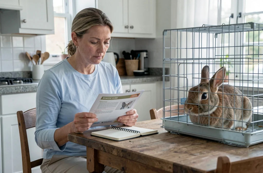 Femme préparant l'accueil d'un lapin en consultant des fiches vétérinaires dans une cuisine moderne
