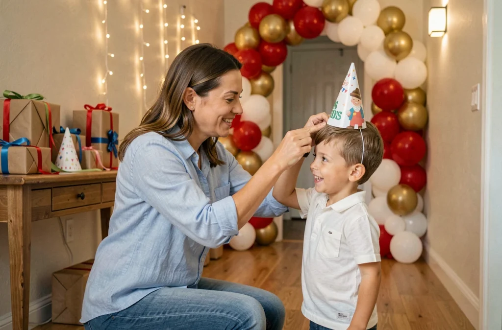 Maman aidant son enfant à préparer sa décoration de chapeau lors d'un anniversaire à domicile