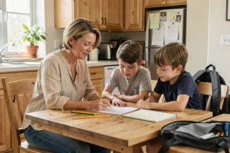 Une mère et ses deux enfants préparent la liste des fournitures scolaires ensemble à la table de la cuisine