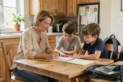 Une mère et ses deux enfants préparent la liste des fournitures scolaires ensemble à la table de la cuisine