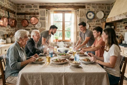 Famille multigénérationnelle réunie autour d'une grande table en bois pour un repas convivial dans une cuisine de ferme française
