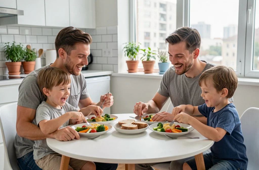 Jeune famille avec deux enfants partageant un repas joyeux autour d'une table ronde dans une cuisine moderne