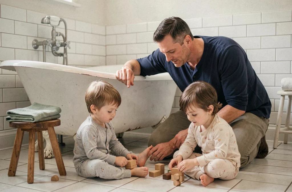 Père préparant le bain du soir pour ses enfants dans une salle de bain familiale chaleureuse