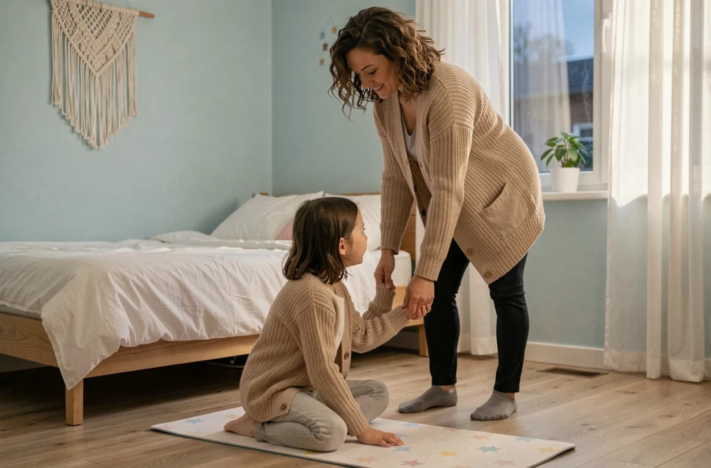 Maman et sa fille pratiquant une routine d'étirements apaisants avant le coucher dans une chambre douce