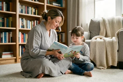 Mère et fille partageant un moment de lecture apaisante le soir dans un salon cosy