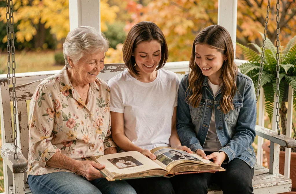 Trois générations de femmes réunies sur une véranda, feuilletant ensemble un album photo de famille et partageant des souvenirs