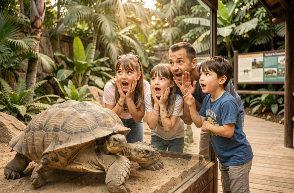 Famille admirant une tortue géante derrière une vitre au Zoo du Bassin d'Arcachon à La Teste-de-Buch