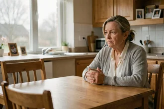 Mère d'âge mûr assise seule à la table de cuisine, regardant une chaise vide, illustrant la rupture de communication avec un fils adulte